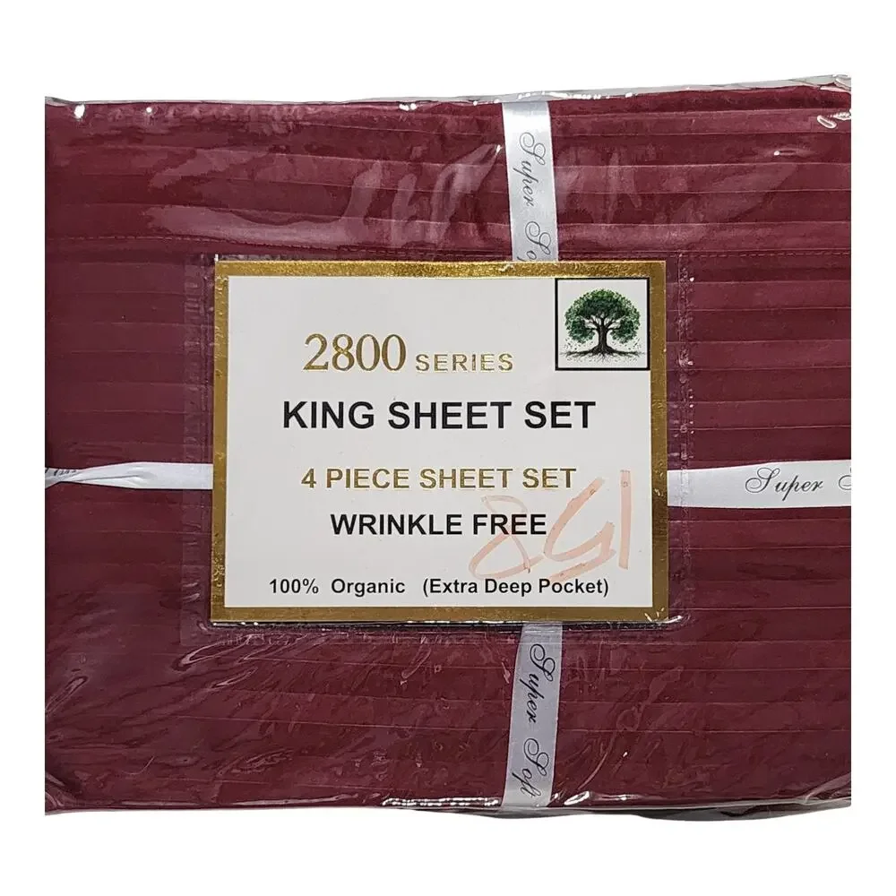 Super Soft 2800 Series King Sheet Set 4pc 100% Organic Burgundy Deep Pocket NWT
